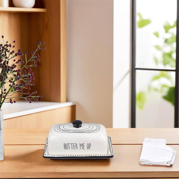 Young's - Wholesale Butter Dish - Ceramic Black and White Butter Dish with Lid
