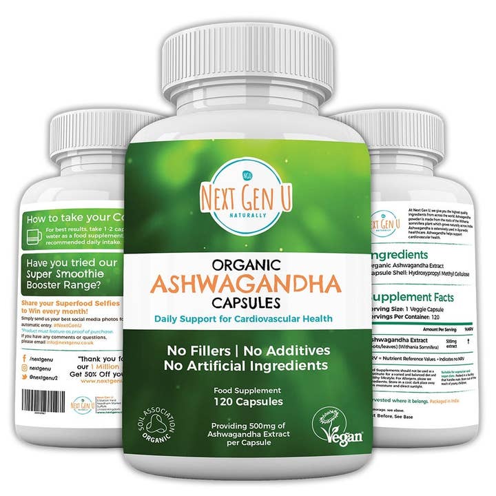 120 Organic Ashwagandha With Black Pepper 500mg Capsules for wholesale by Next Gen U