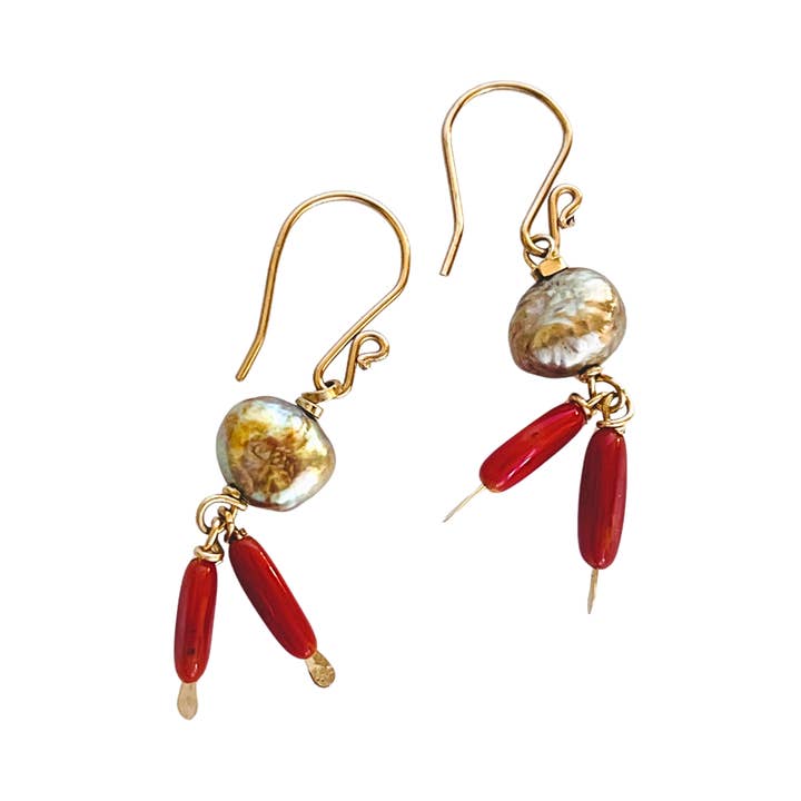 Freshwater Pearl and Red Coral Earring for wholesale by TRACI MOYO DESIGNS