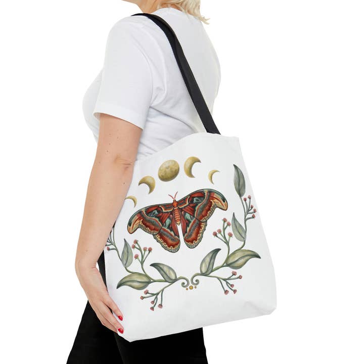Atlas Moth Moon Phases AOP Tote Bag for wholesale by Art By: Julianna McPherson