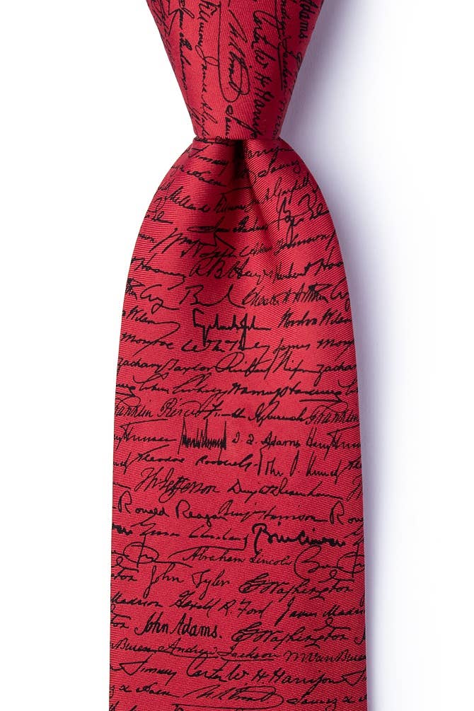 Alynn – wholesale Necktie – Men’s – U.S Presidential Signatures Tie - Red Silk - by Alynn