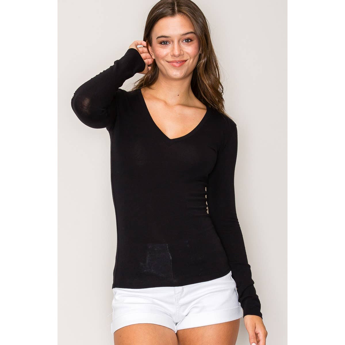 Popular 21 – wholesale Knit top – Women's – V Neck Long Sleeve Cotton Long Sleeve Knit Tee9