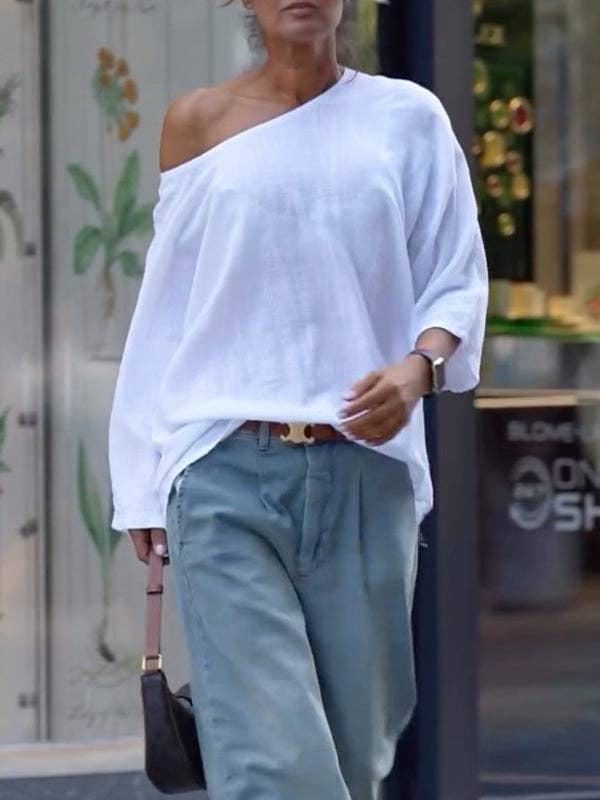 WHITE Long Sleeves Loose Solid Color One-Shoulder T-Shirts Tops for wholesale on Faire