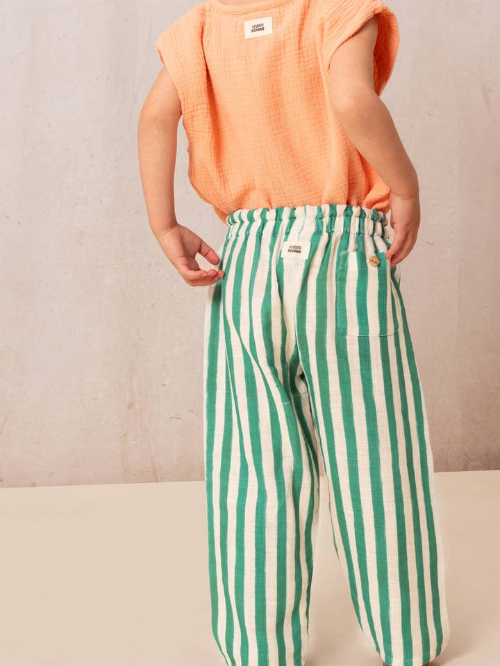 Studio Bohème Paris - Wholesale Pants - Kids - Cousin Green Striped Capri Pants