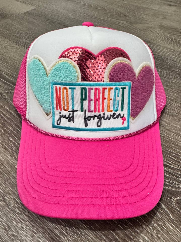 Not Perfect, Just Forgiven Bright Christian Faith Trucker Hat for wholesale by Patchwrx Customs Hat Bar
