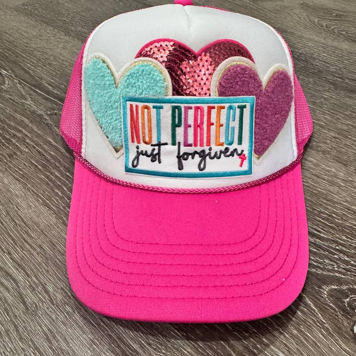 Not Perfect, Just Forgiven Bright Christian Faith Trucker Hat for wholesale by Patchwrx Customs Hat Bar