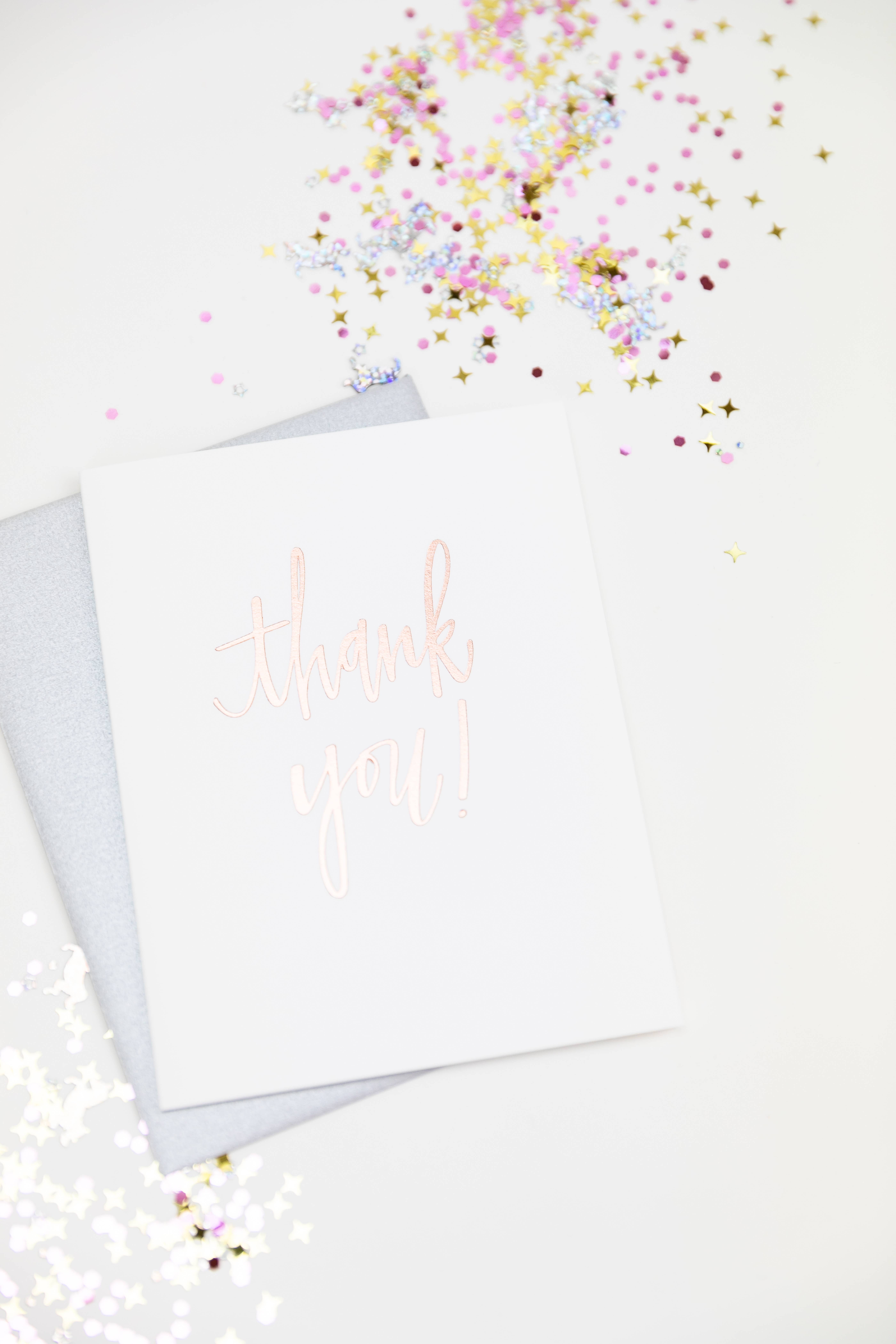 Chez Gagné – Engroshandel Takkekort – Tak-script - Rose Gold Letterpress-kort3