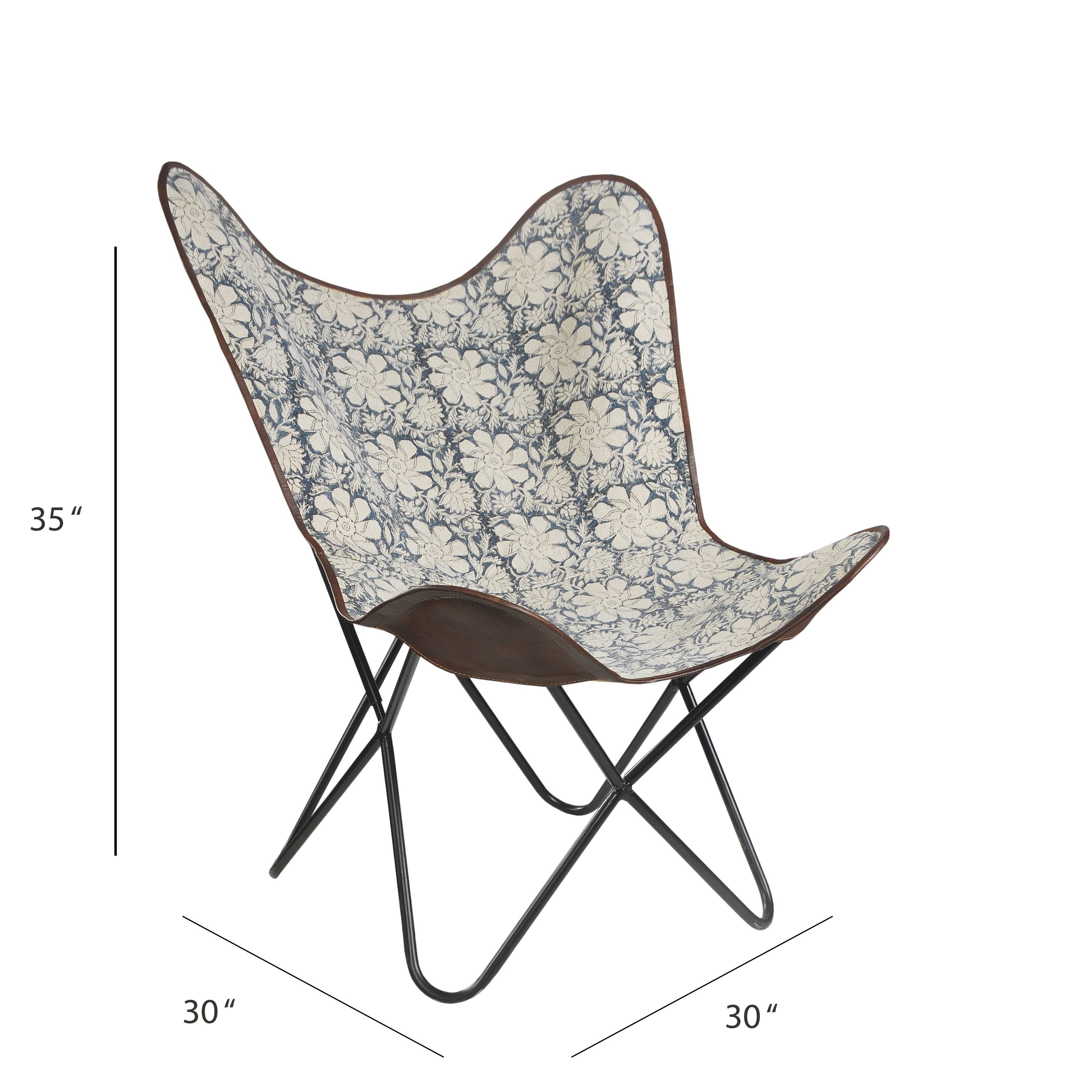Blue White Brown Floral Canvas and Leather Butterfly Chair for wholesale on Faire3