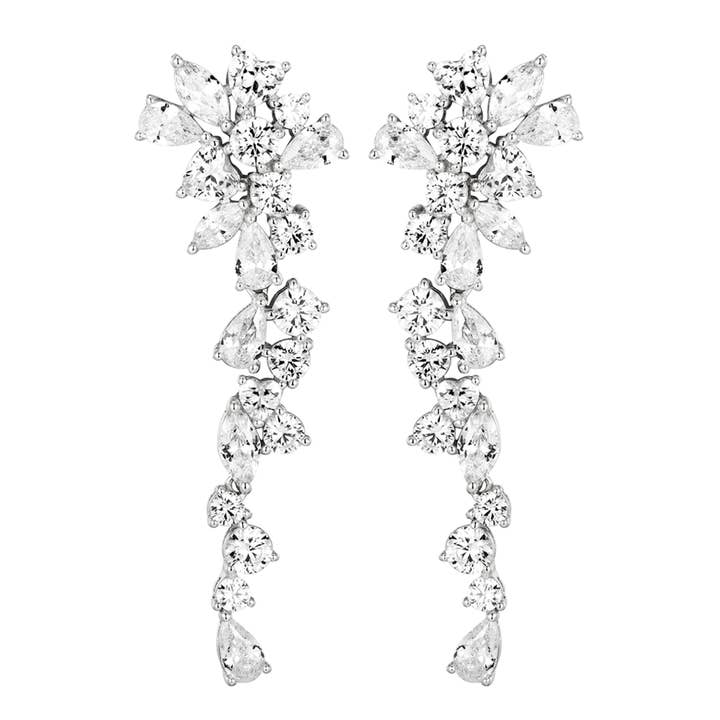 Pendiente con forma de gota de plata de ley chapada en rodio con circonita cúbica blanca para venta al por mayor de Dlux Jewels