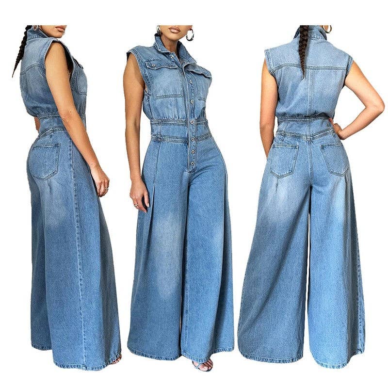 BLUE Washed Denim Sleeveless Jumpsuit Wide Leg for wholesale on Faire3