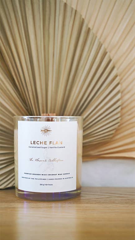 LECHE FLAN Premium Wooden Wick Coconut Wax Candle for wholesale by Santo and Hiraya