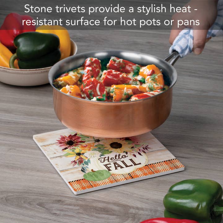 CounterArt/Highland Home/Thirstystone/CoasterStone – wholesale Trivet – "Hello Fall" Ceramic Stone Trivet 8" Square