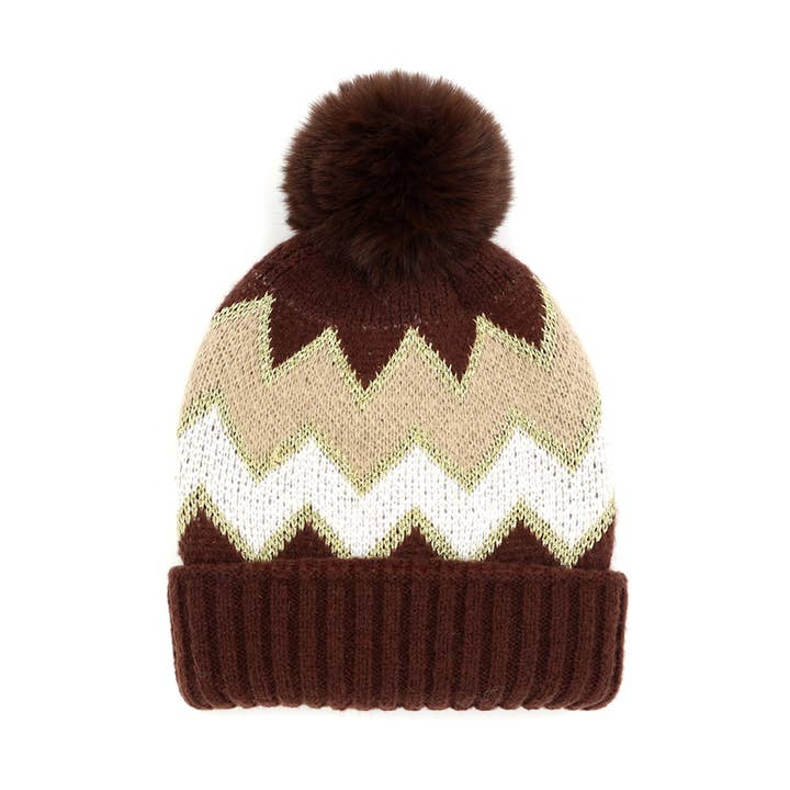Sensibling Corp. - Wholesale Beanie - Women's - Zigzag Chevron Patterned Fuzzy Fleece Pom Pom Beanie Hat1