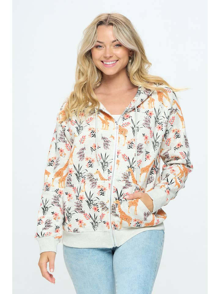 SM WARDROBE – wholesale Hoodie - Dam – GIRAFF BLOMMIG TRYCK ZIP UPP HOODIE