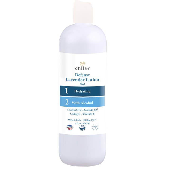 Defense Lavande 2 en 1 lotion pour les mains et le corps - 4oz pour la vente par aniise Natural Skin Care and Cosmetics