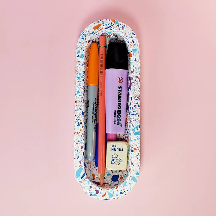 Hey Kiddo Co. - Venta al por mayor Organizadores de escritorio - Bandeja de papelería de terrazo rosa, lila, naranja y cobalto5