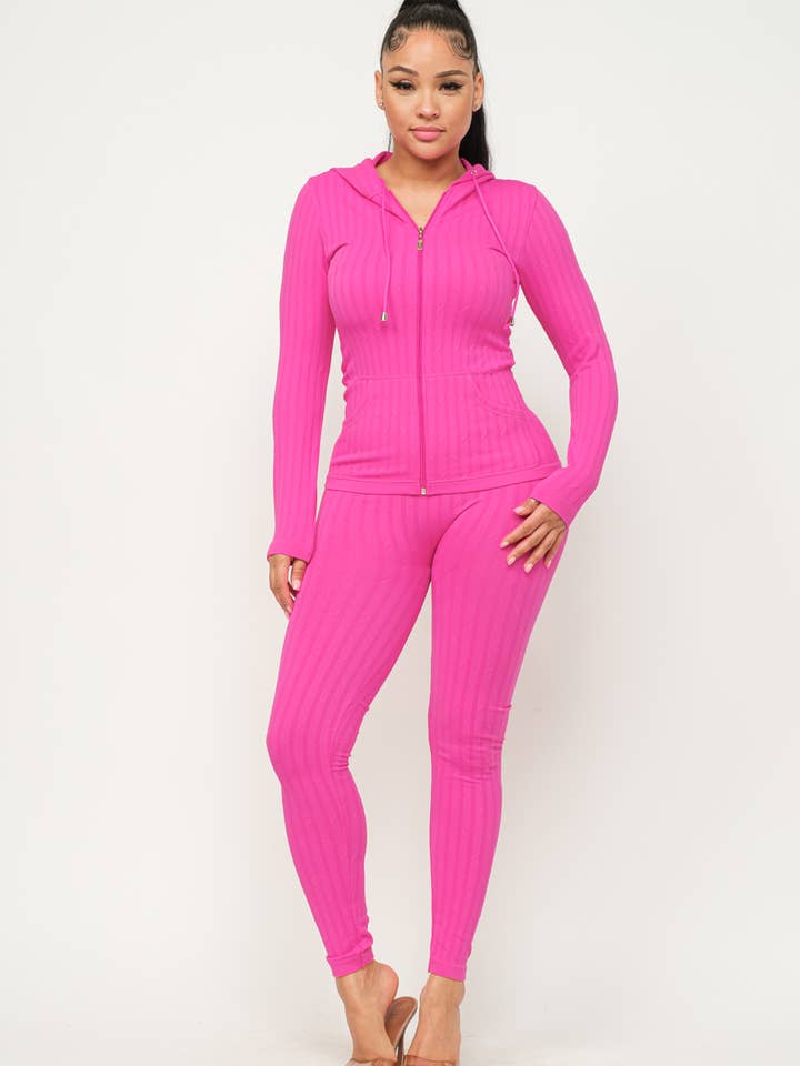 Julia by LoveJ – wholesale Set med topp och shorts – Dam – Sömlös Rib Front Zip Up Hoodie Och Leggings Set
