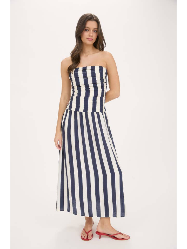 Moon River - Wholesale Dress - Women's - VERTICAL STRIPE STRAPLESS MIDI DRESS