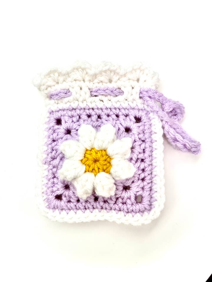 Orchid Daisy Drawstring Pouch for wholesale by Cuddle Me Close Crochet