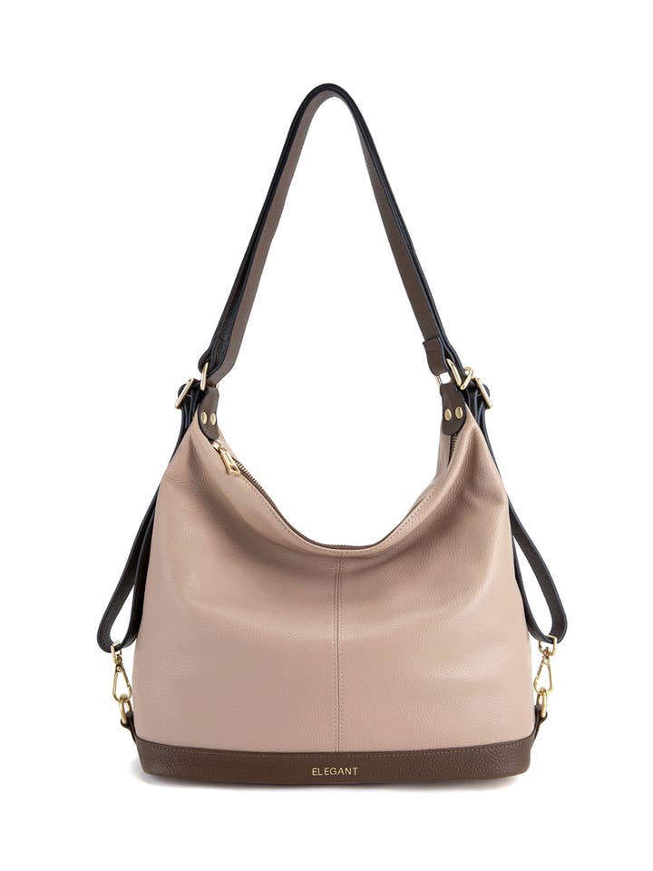 KAMILA LEATHER CONVERTIBLE BACKPACK-E1-0823-PUTTY/CINNAMON for wholesale by Serenade Beverly Hills Collection