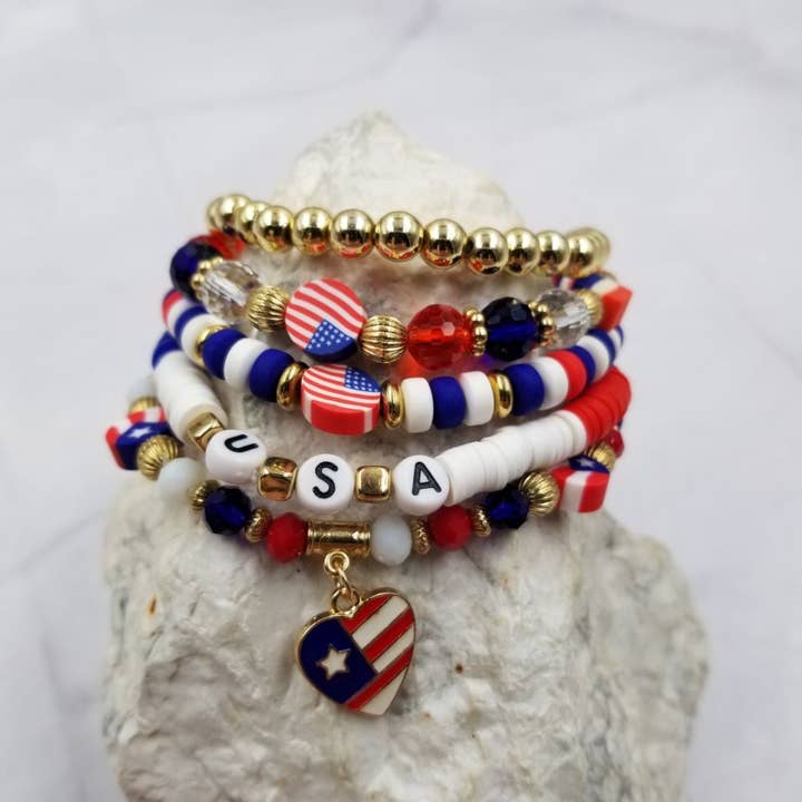 The Pretty Jewellery - Wholesale Jewelry Set - 4th of July USA Heart Charm Heishi Bracelet