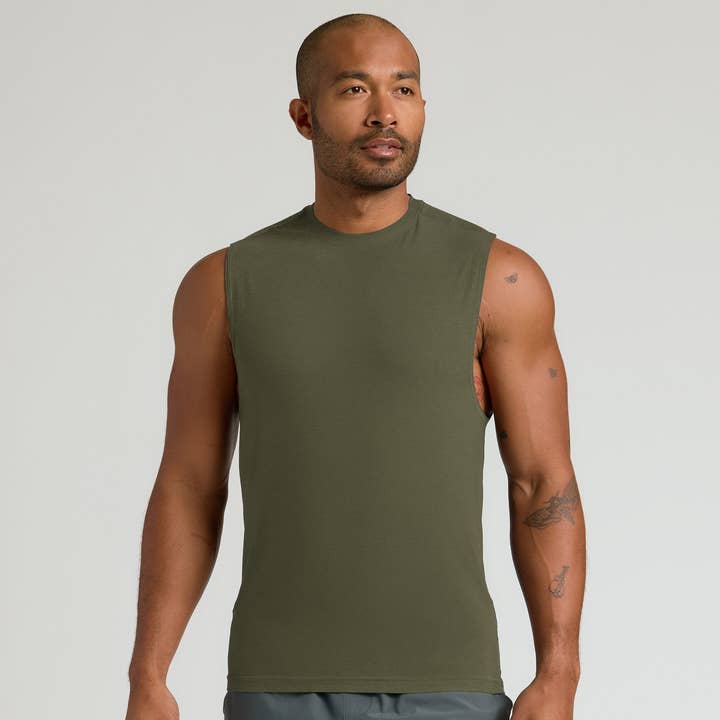 Military Green Sleeveless Active Muscle Tee for wholesale by True Classic