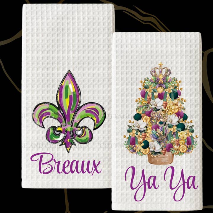 Louisiana Heritage Tea Towel Collection, Fleur De Lis Mardi Gras Festival Crawfish Kitchen Decor for wholesale by Cottage & Club