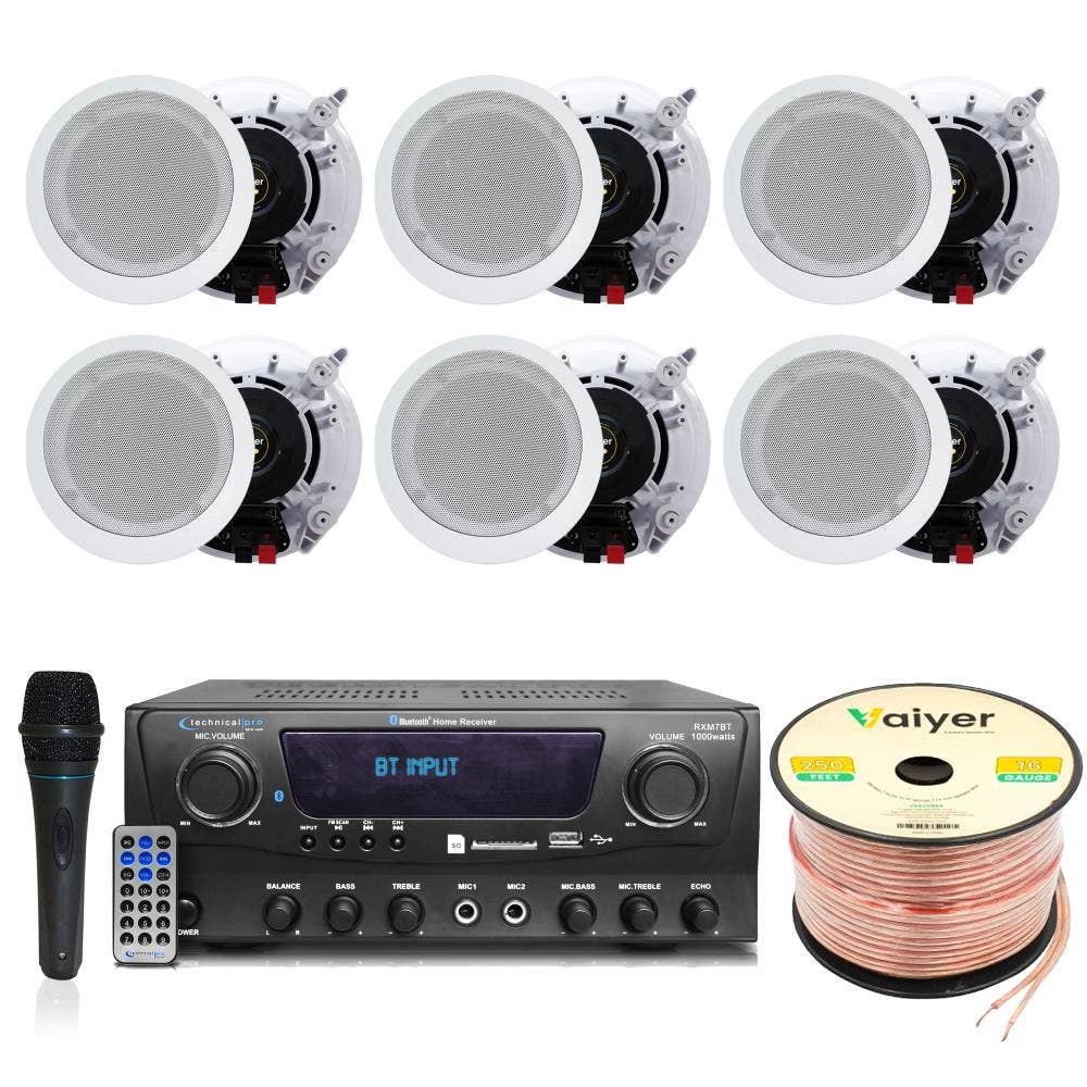 Technical Pro – Großhandel Lautsprecher – 1000-Watt Receiver mit Mikrofon und 6 Deckenlautsprechern (13,3 cm)1