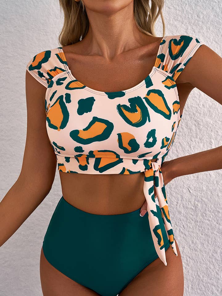 Leopard Print U Neck Knotted High Waist Bikini Set for wholesale by FULL TIME PURCHASE