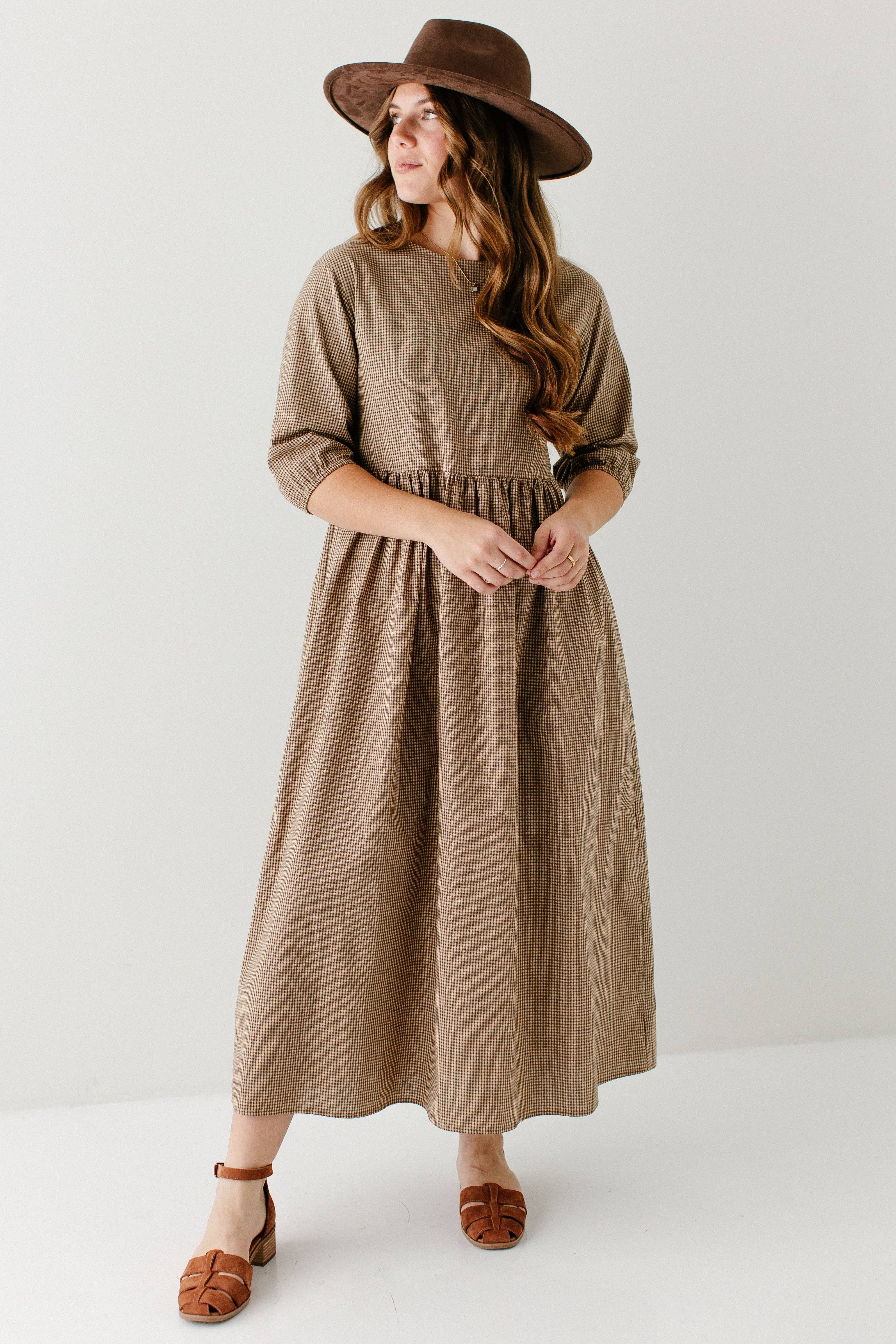 Brown 'Beth' Cotton Gingham Maxi Dress for wholesale on Faire