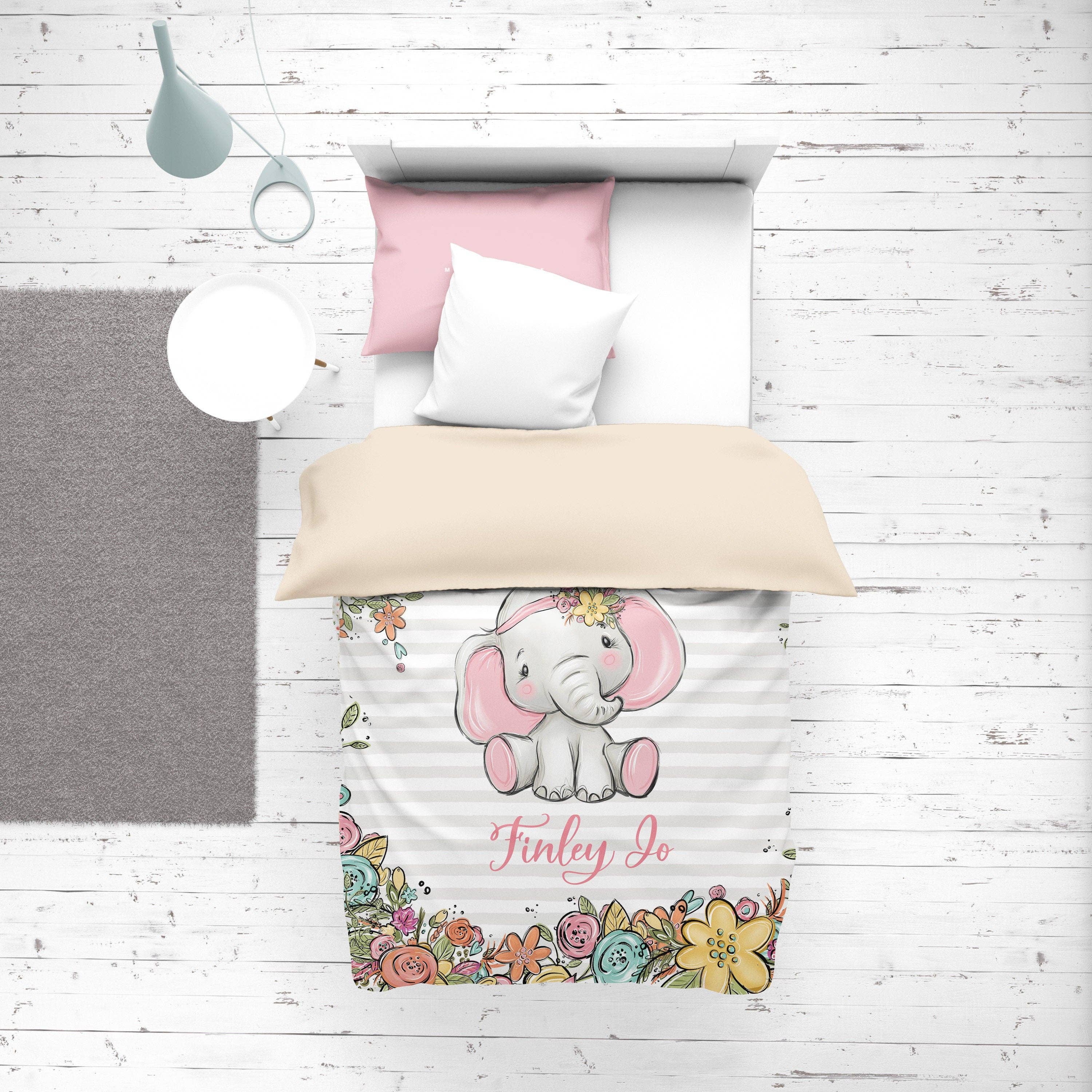 Empowering Decor – wholesale Bedding set – Child & baby – Blush Florals with Happy Elephant Personalized Duvet Cover Set for Girl0