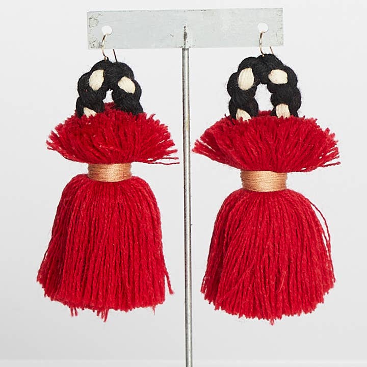 FLOURISH : WOOL FRINGE EARRING IN RED for wholesale by Just Joey Rose