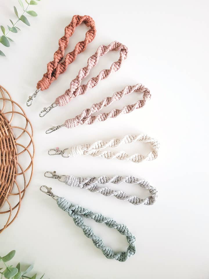 Spiral Macrame Wristlet | macrame keychain, wrist lanyard for wholesale by Caught In a Knot Co.