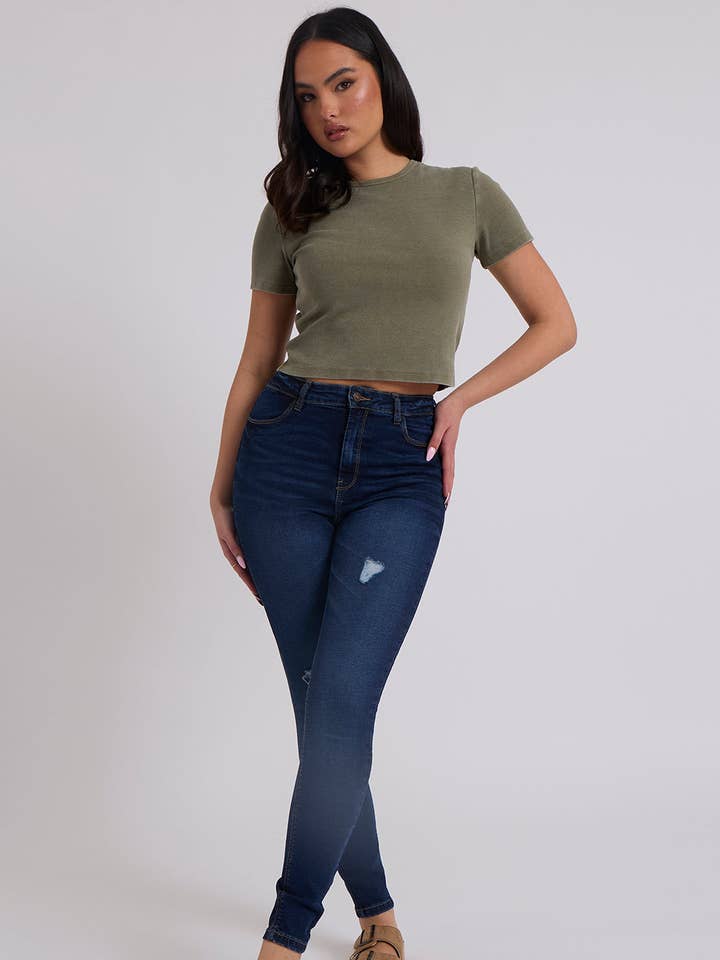 Max Dark Blue High Waist Distressed Skinny Jean for wholesale by Urban Bliss