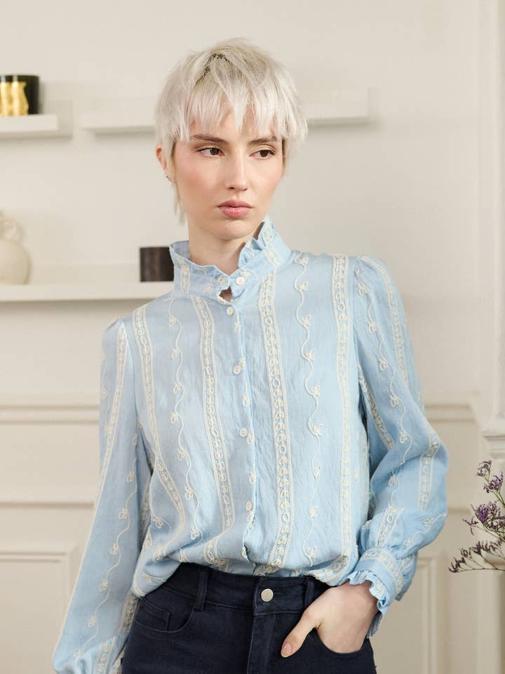 High collar shirt with embroidery and ruffles - LICIA 9264 for wholesale by GOLDEN LIVE PARIS
