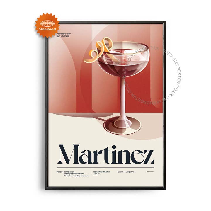 Poster del cocktail Martinez retrò di metà secolo per la vendita all'ingrosso da parte di Weekend Concept