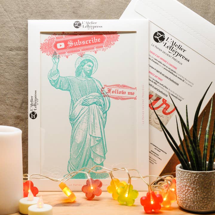Letterpress Art Print The Influencer (Jesus), teal and red for wholesale by L'Atelier Letterpress