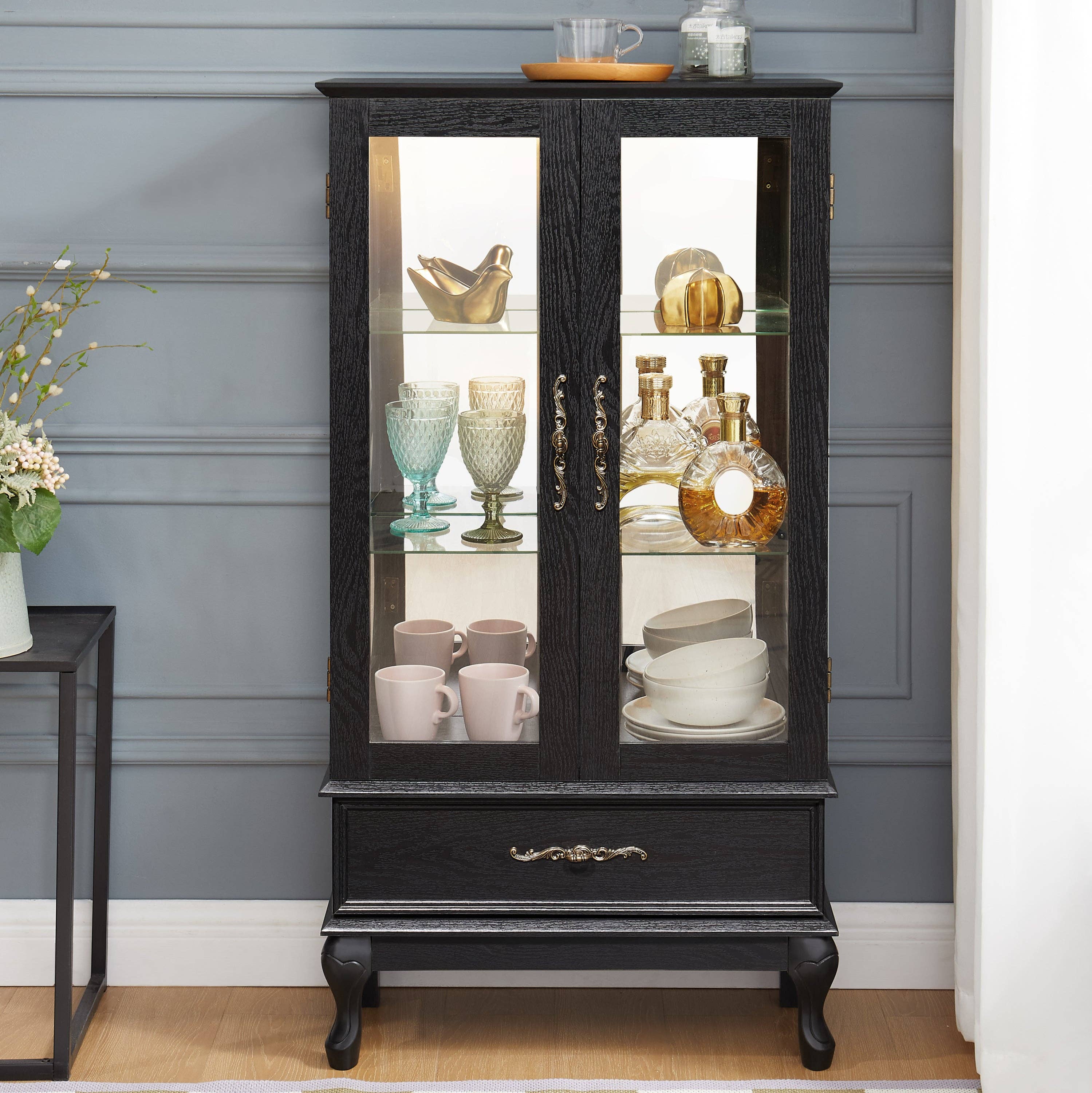 39F Inc. - Wholesale Cabinet - Black Lighted Curio Cabinet (2 Glass Doors, LED Lights )1