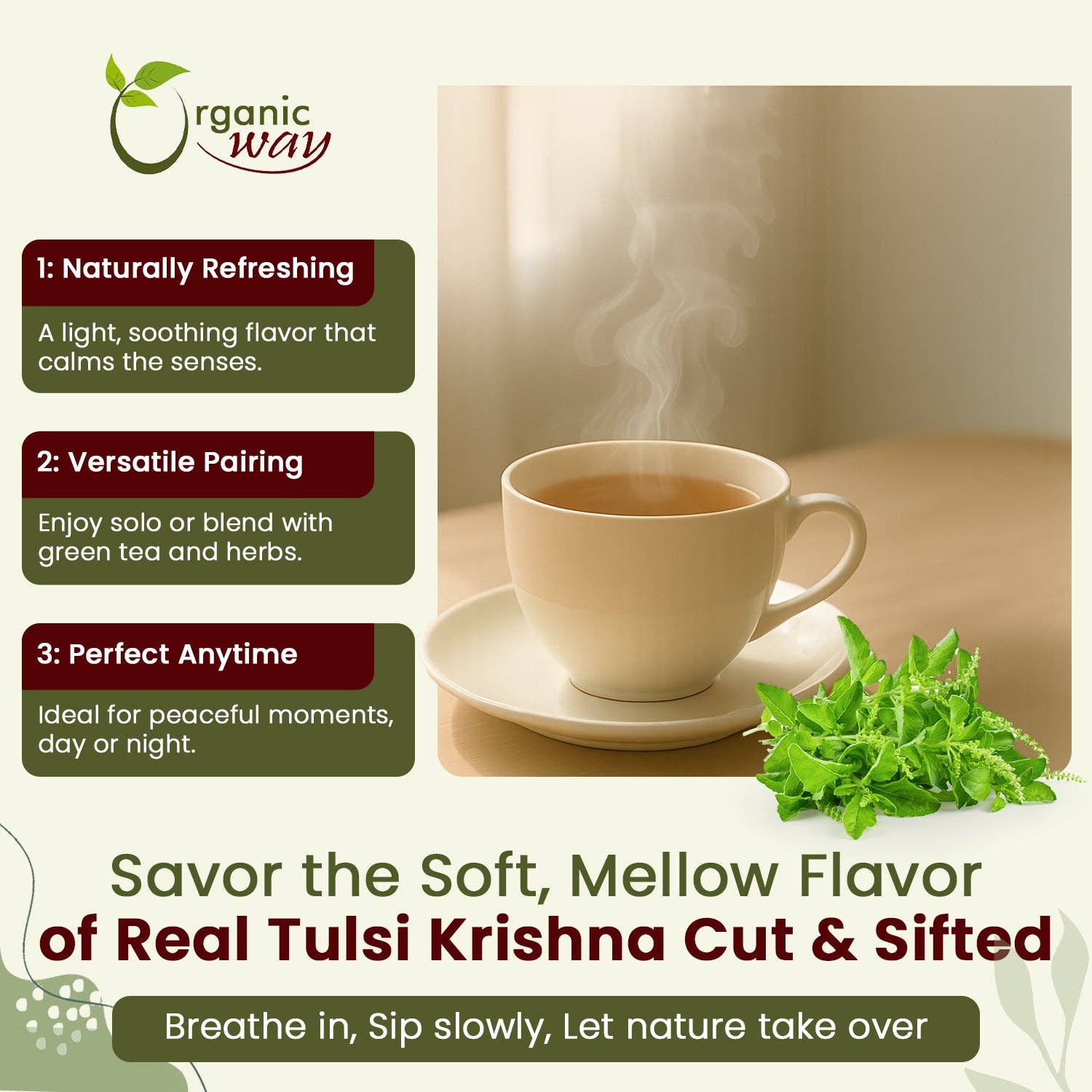 Organic Way LLC – wholesale Örter – Tulsi/Helig Basilika (Krishna) Skuren & Siktad (Ocimum Tenuiflorum) - Rena Blad Örtte | Kosher Certifierad | Rå, Vegansk, Icke-GMO & Glutenfri | USDA Certifierad | Ursprung - Indien2