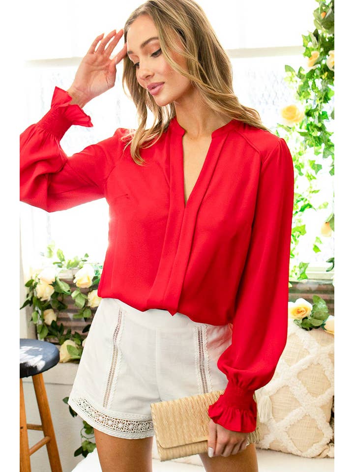 Vine & Love - Vente Chemisier – femme - Blouse smockée à encolure Henley et manches ballon VT31377D15