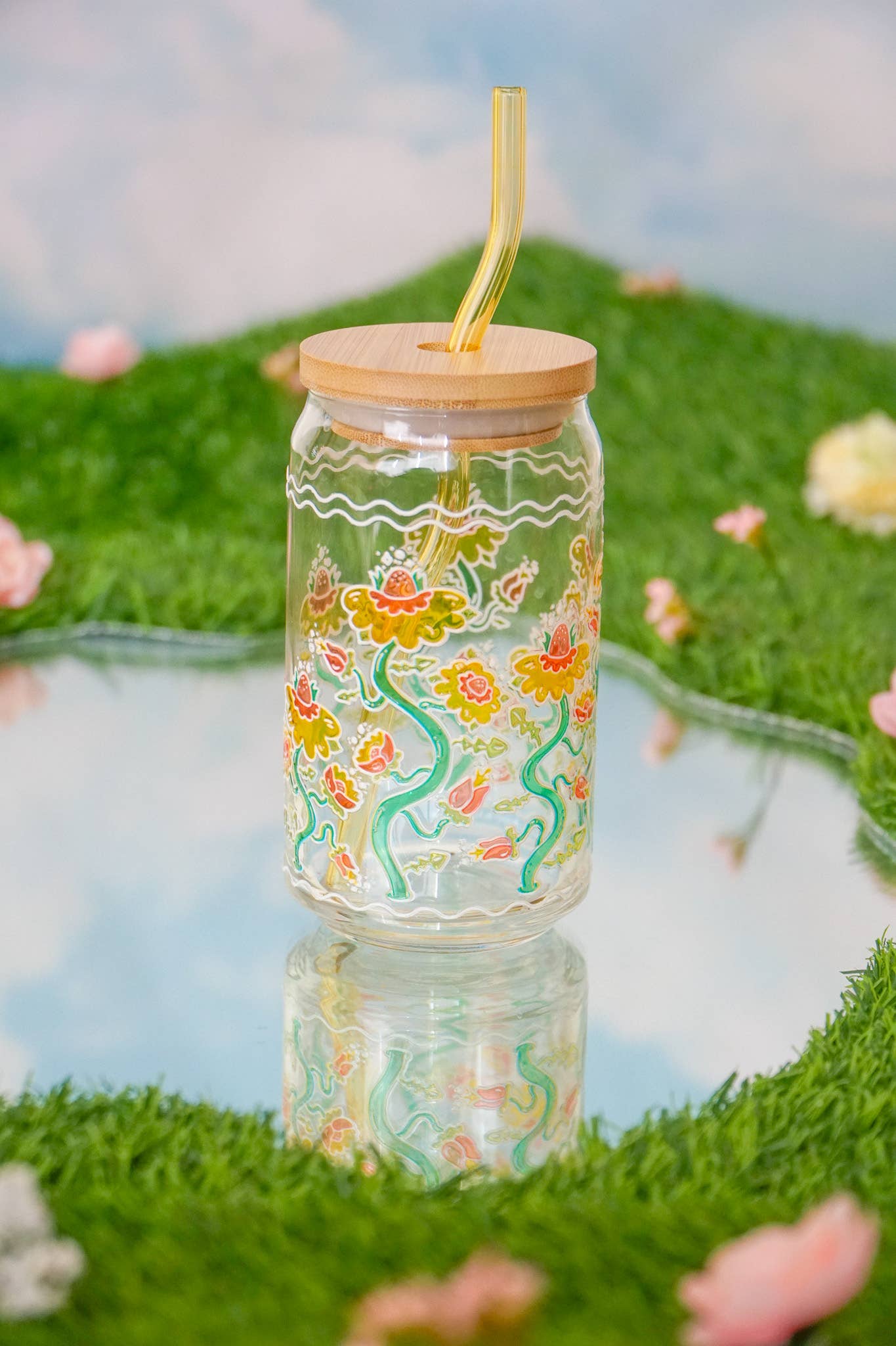 Cheerware - Wholesale Drinking Glass/Cup - Ditsy Daisy 16oz Can Glass | Stained Glass Flower Design2