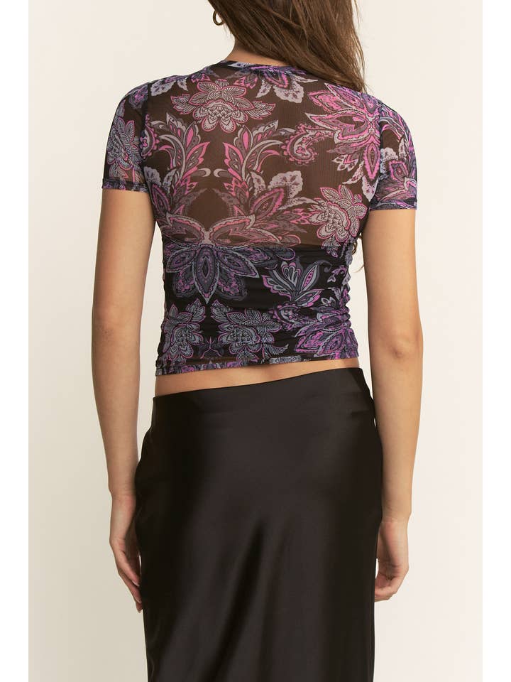 YNEZ - Wholesale Blouse - Women's - Boho Paisley Crew Neck Mesh Dressy Cocktail Top Tee17