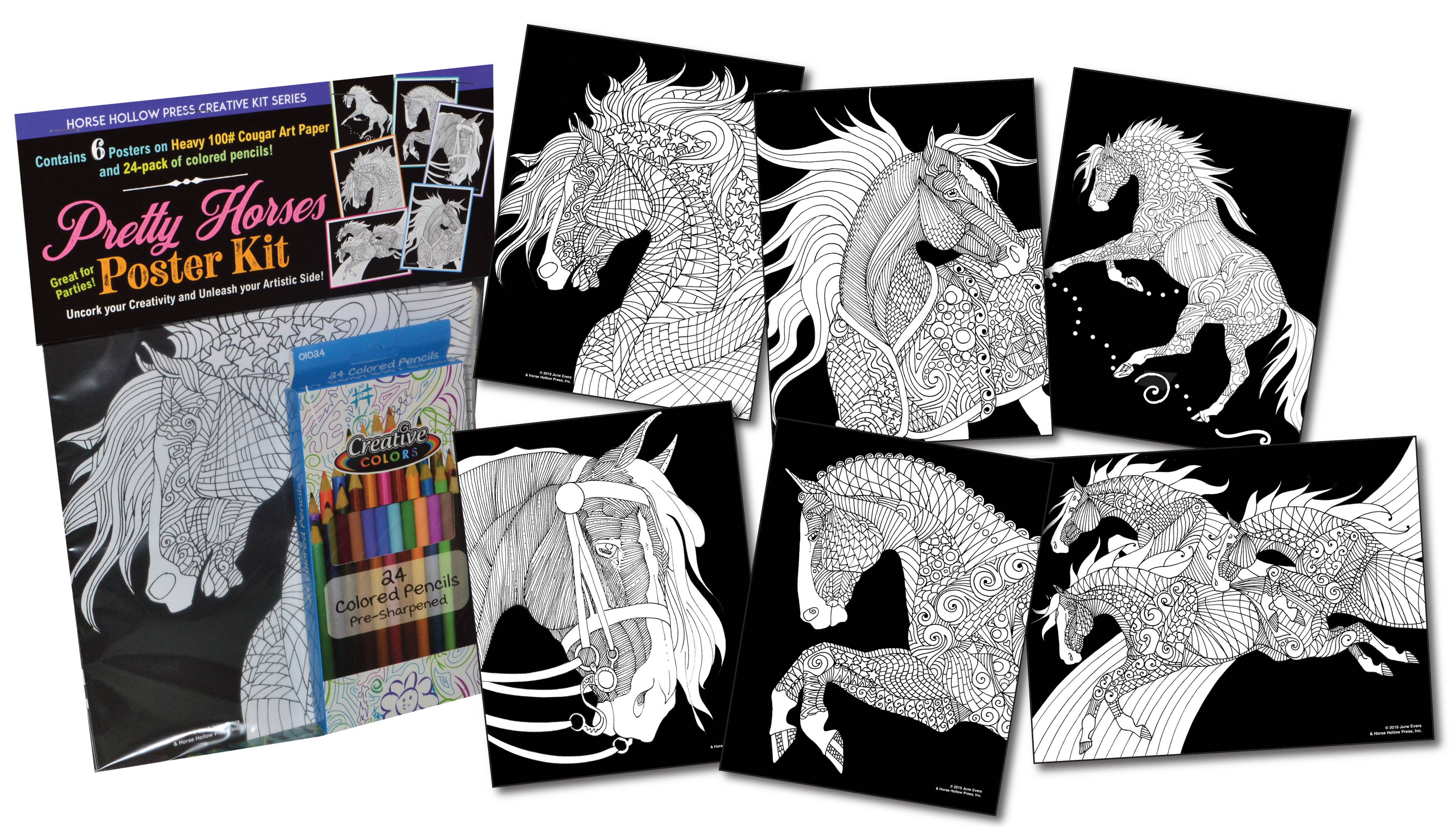 Horse Hollow Press / Pretty, Funny, Snarky Cards & Stickers - Wholesale Crafts, Hobbies & DIY Book - Pretty Horses Kit / 6 Drawings to Color / 24-Colored Pencils9