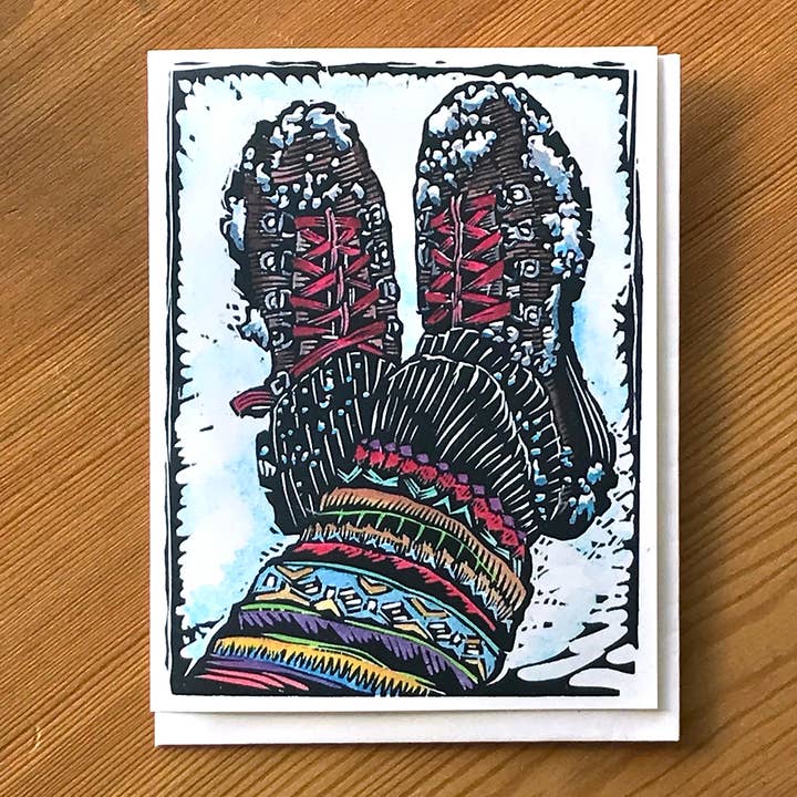 Contentment - Hiking Boots Card for wholesale by Claire Emery Art