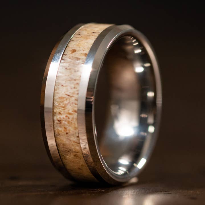 Silver Wedding Band with Antler Inlay, Antler Ring, 916 for wholesale by AxBands