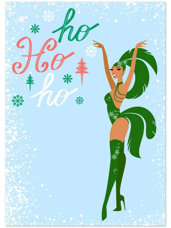 Box Set Pack of 10: Ho Ho Ho Showgirl Christmas Greeting Cards - Retro Winter Design for wholesale by Golly Gee Press