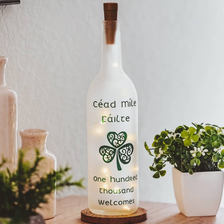 Wine Bottle Light, Spring Decor, St Patricks Day, Irish Lamp for wholesale by Firefly Home Designs