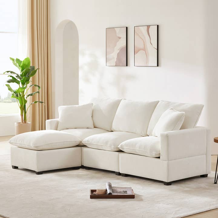 White Modern Modular 4-Seat Chenille Sectional Sofa with 2 Pillows for wholesale on Faire
