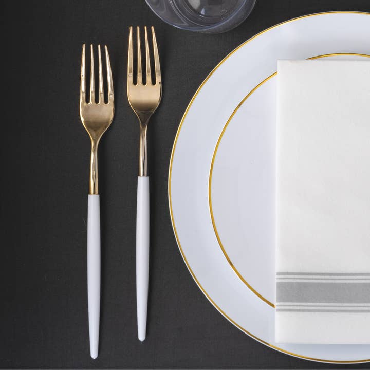 Trendables White/Gold Plastic Forks - 20 Count for wholesale by Crown Display