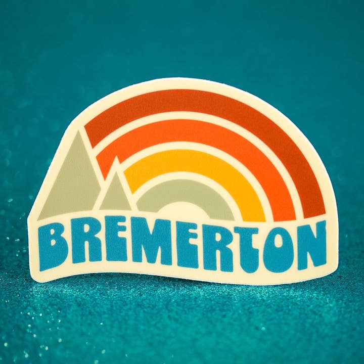 Bremerton, Washington - Vinyl Sticker - Rainbow Sunset for wholesale by Little Hiker Bird